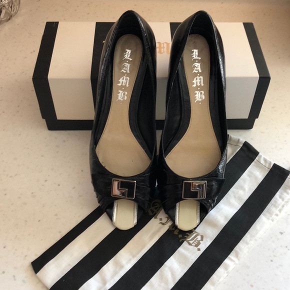 Vintage L.A.M.B. “Grisel” 7.5 Leather Peep Toe Ballet Flats Black White Shoe EUC - Picture 4 of 16